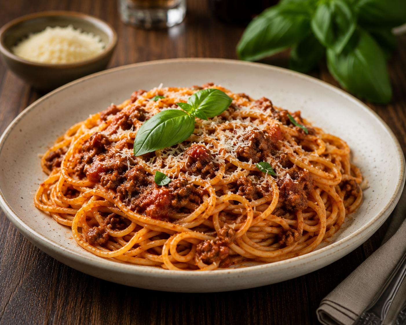 Teller Spaghetti Bolognese mit Parmesan und Basilikum