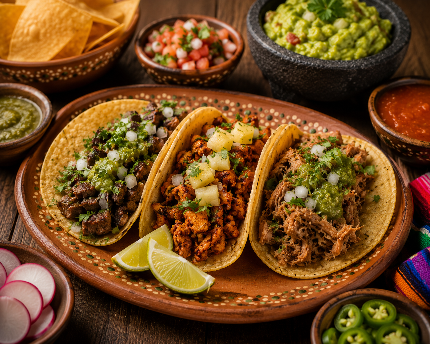 Drei gefüllte Tacos mexikanischer Art mit Limette und Salsa
