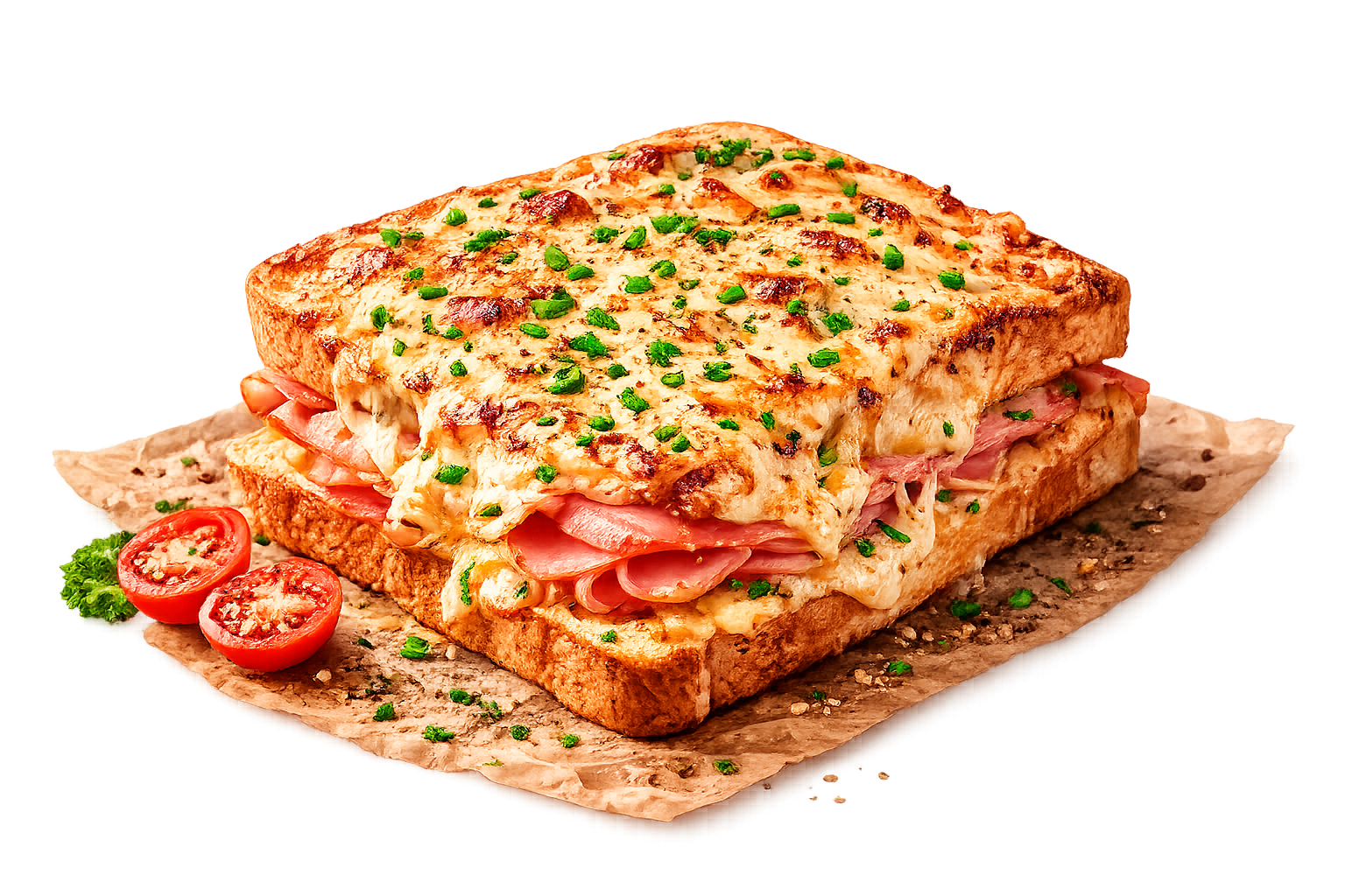 Überbackenes Schinken-Käse-Toast (Croque Monsieur) mit Tomaten